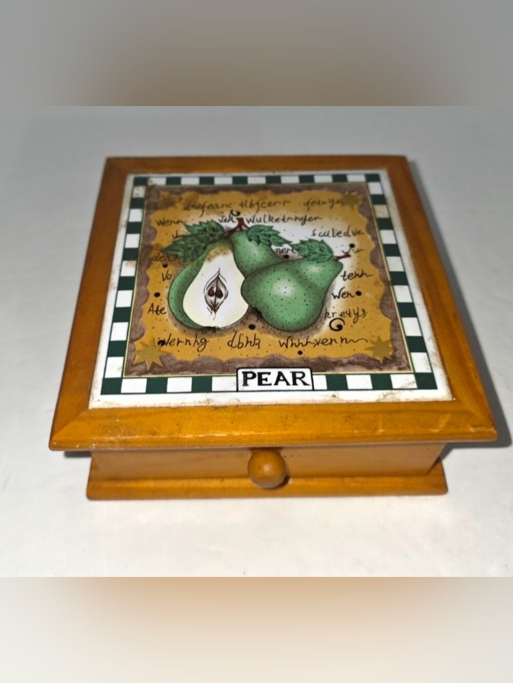 Cottage Core Wooden Box With Pear Tile Top And A Small Drawer Country Home Style